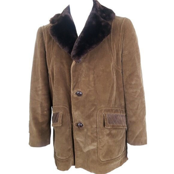 Vtg Corduroy Rancher Jacket Mens 42 Brown Faux Fur Collar Cortefiel Coat Spain - Picture 1 of 12